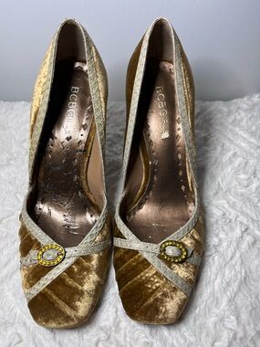 BCBGirls Gold Velvet Pumps with Rhinestone Buckle
